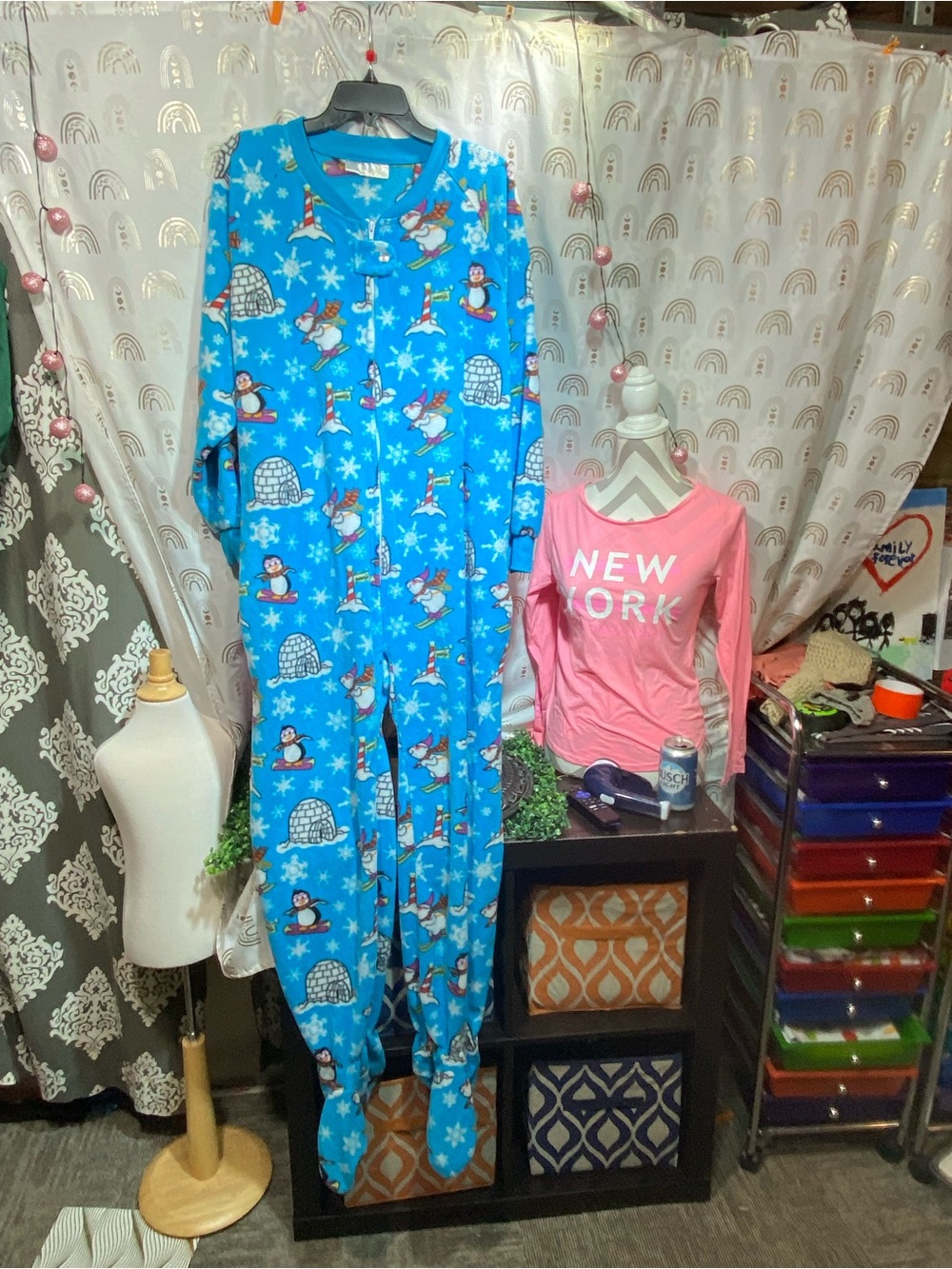 Kids Blue Penguin Print Footed Pajama Set